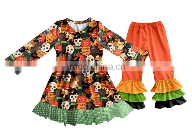 Wholesale Girls Boutique Outfits Halloween Clothes Baby Girl 2Pcs Set Children Flutter Pumpkin Appliqued Baby Clothes