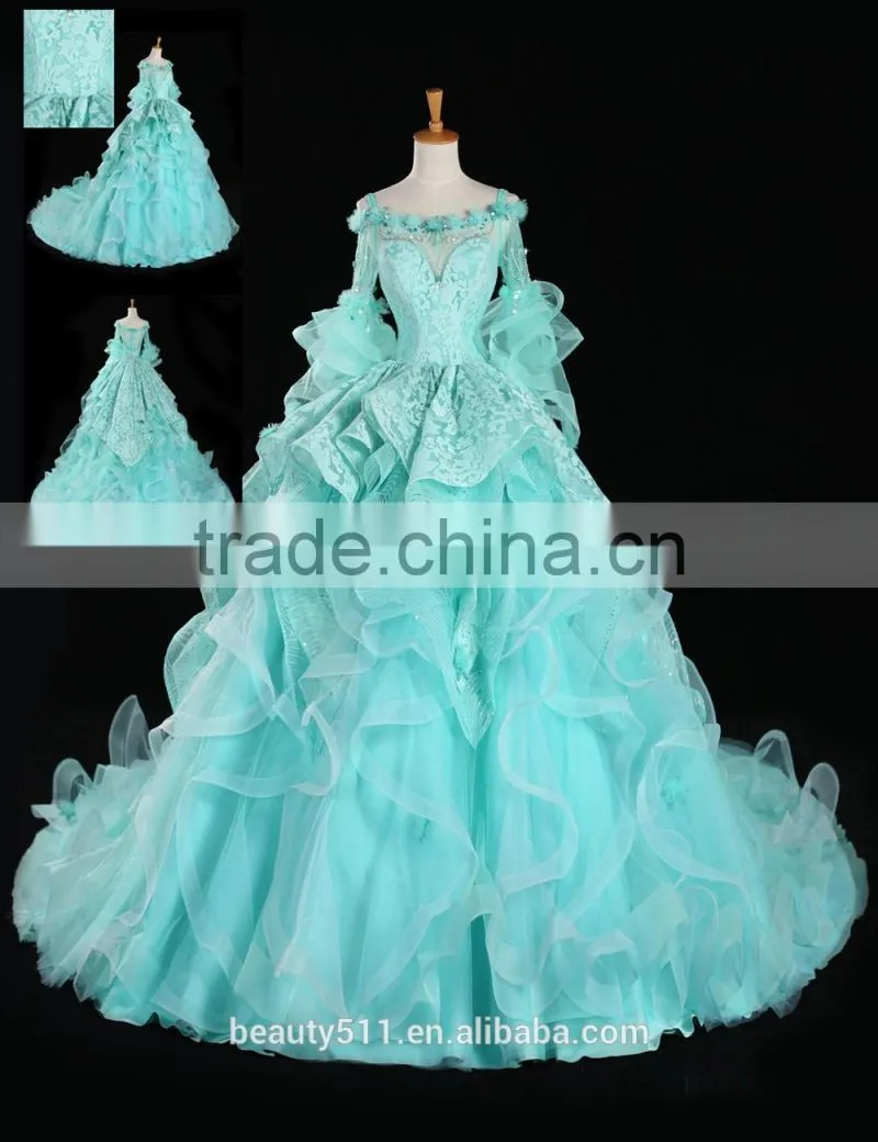estido De Novia 2018 Luxury Blue Wedding Dress with Flowers Through Back Bridal Gowns Robe Mariage Cap Sleeve Wedding Dress F143