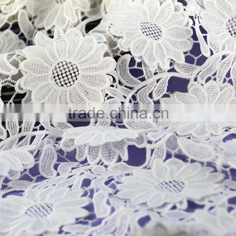 OEM beauty fashion French white 3D flower pattern embroidered mesh lace fabric for garment clothing