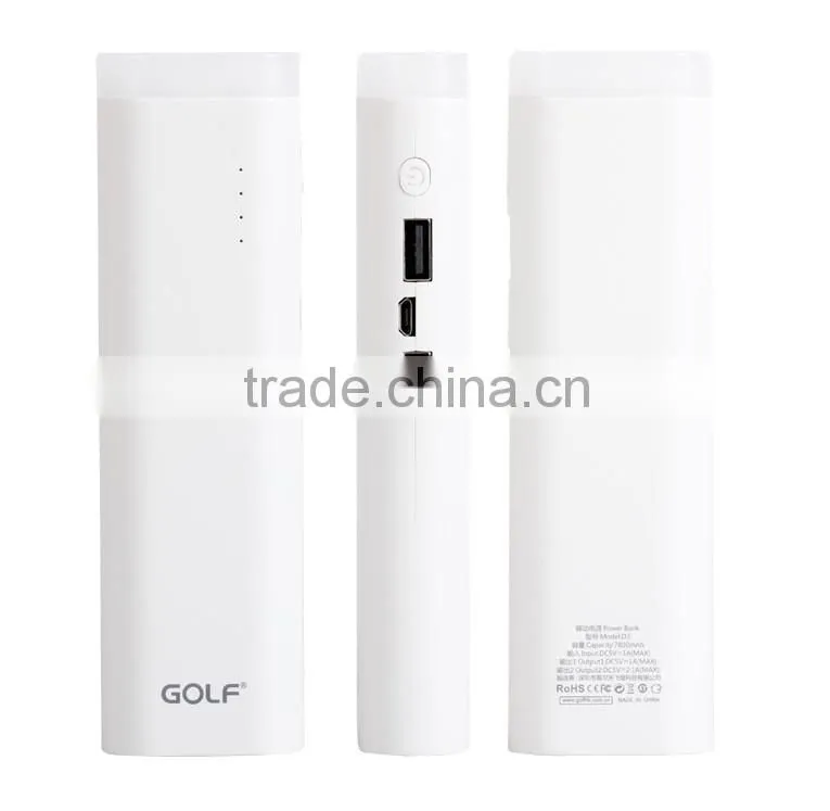 GOLF GF-D3 Lighthouse series 7800mah smart power bank 2.1A/1A 2 Port USB LED emergency light rounded power bank