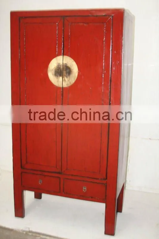 antique Chinese two door two drawer red lacquer wedding wardrobe