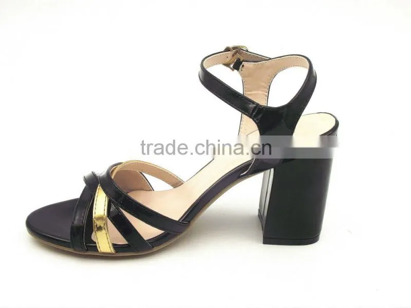 color matching thick heel italian leather Middle heel sandals ladies gold with black