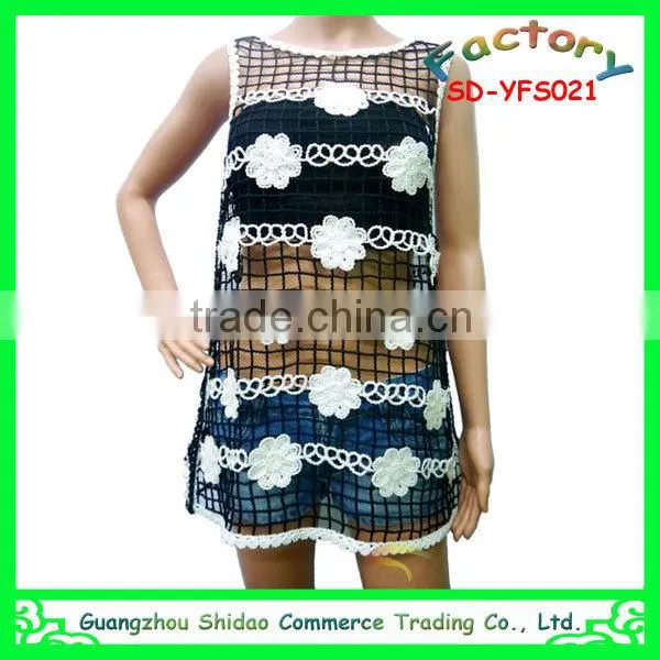 Latest design fashion sleeveless mesh neck lace elegant white embroidery blouse