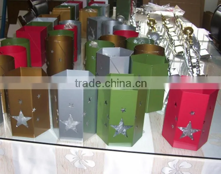 metal iron hollow out multi colors reindeer and snowflakes pillar round christmas candle lantern holiday lamp candle holder