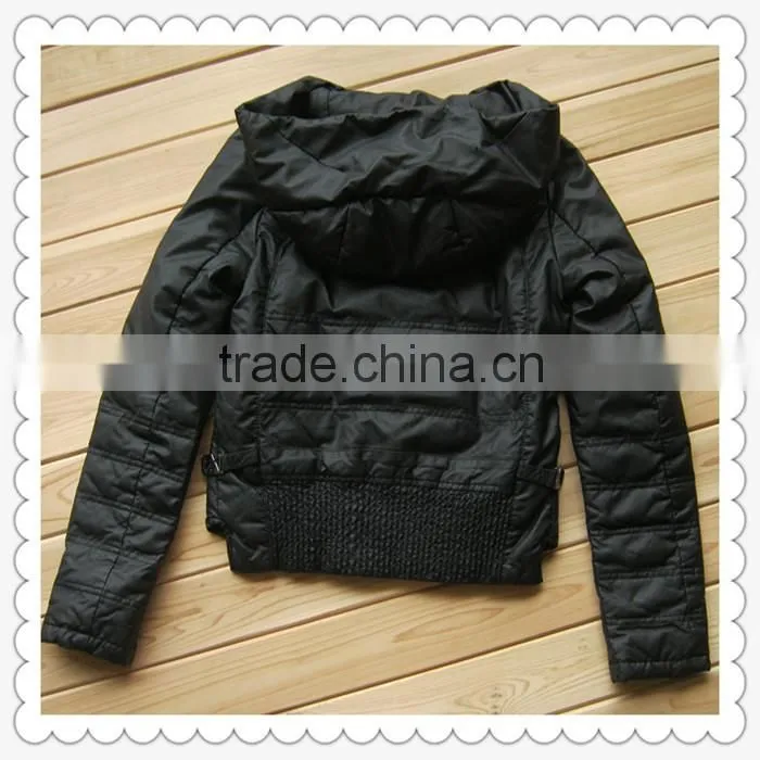 Women black short fashion motorcycle PU leather jacket with hoody
