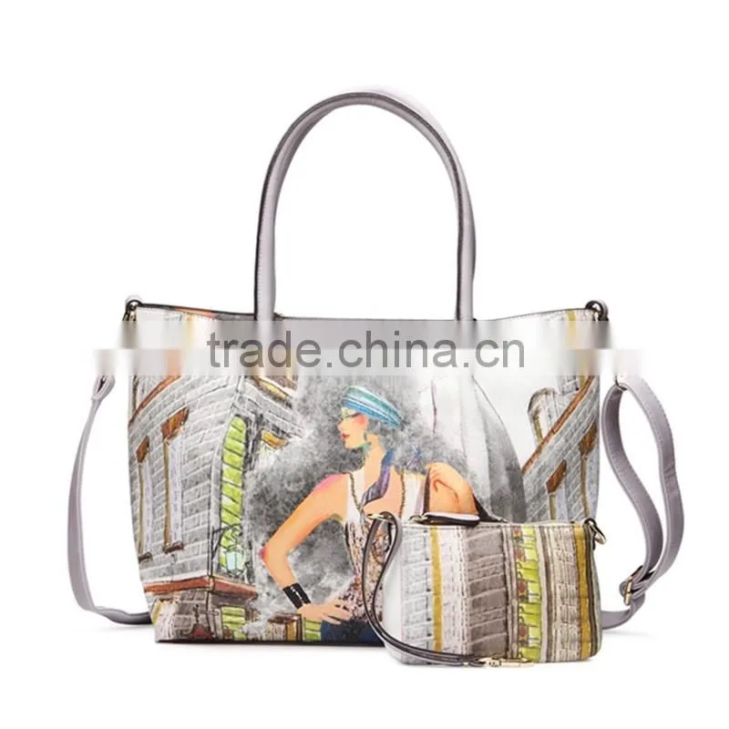 Trendy ladies printed shoulder bags leather handbags with printing pattern