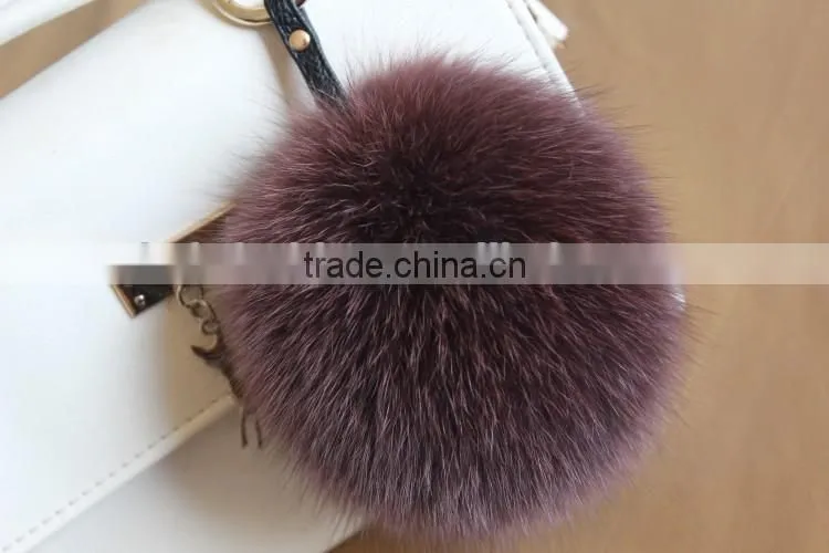 Fluffy Lovely Round 12cm Dyed Fox Fur Pompom with Keychain for Bags