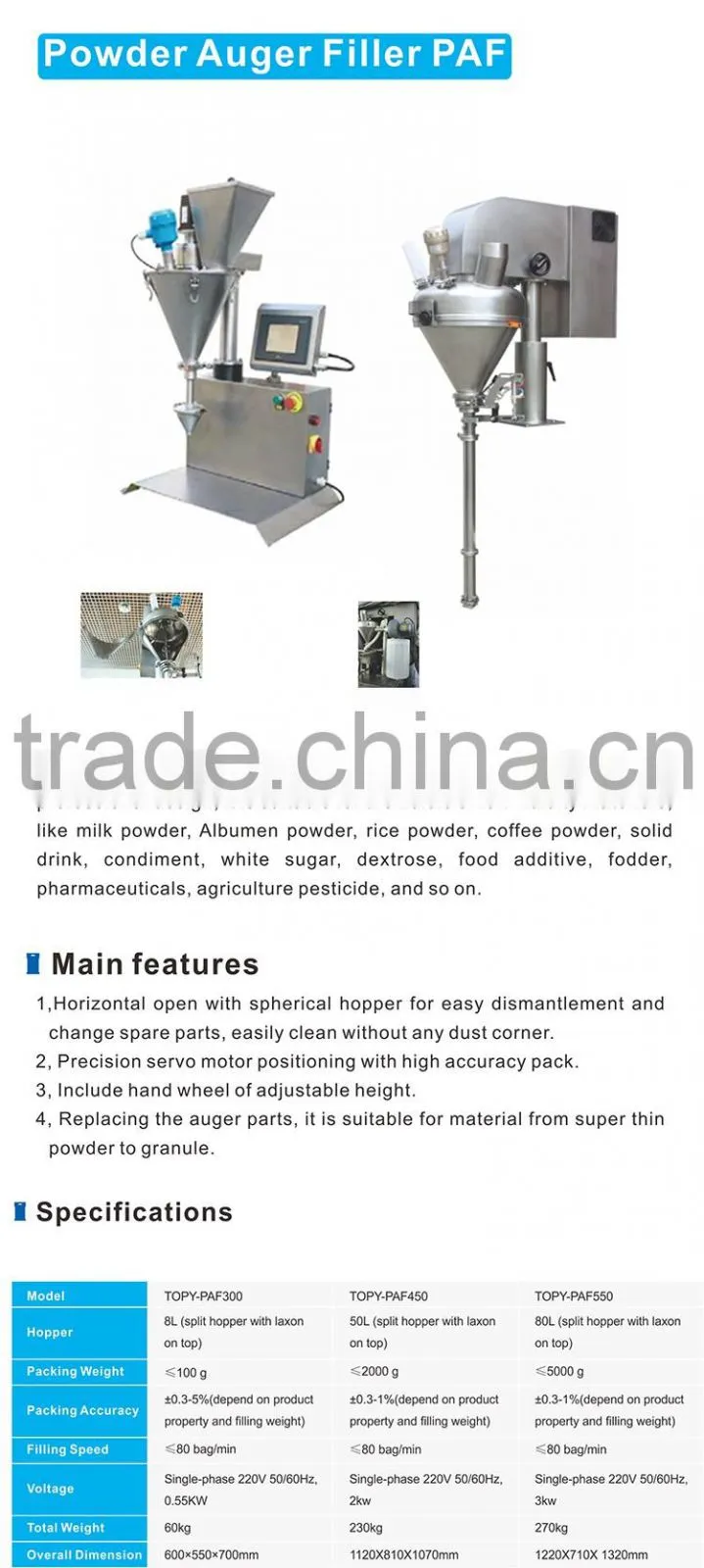 TOPY-PAF300 Milk Powder Glucose,Spices,Kieserite Powder Filling and Packing Machine with Auger Filler/ Auger Filling Machine