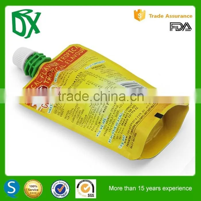 Alibaba website reusable disposable translucent flexible frozen plastic stand up spout juice bags
