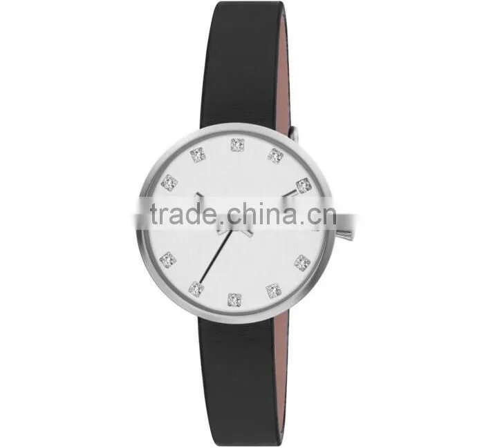 New fashion design stainless steel case real leather strap wristwatch for women