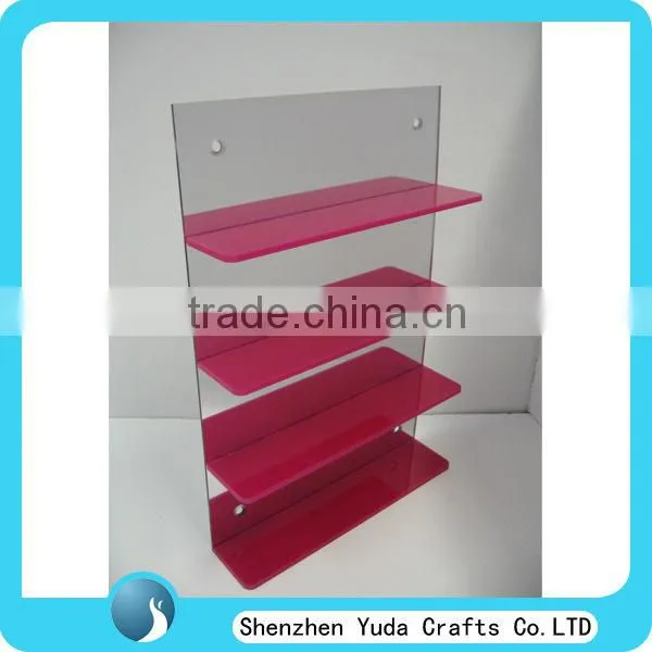Acrylic wall slatwall display stand with clear board, rectangular rose red display shelves