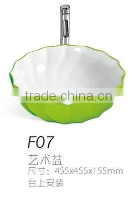F07 Fashion ceramic green basin round bowl shape basin, colored basin white inside and green outside