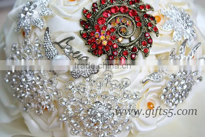 Amazing Wedding Bouquet with Rhinestones Beadings Pearls and Glaring Jewels Satin Ribbon Bow Knot