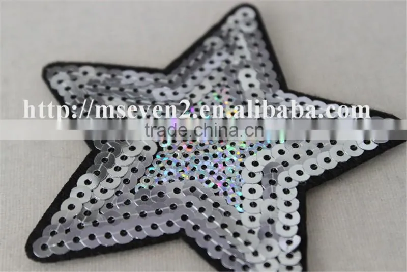 new fashion white color custom star design sequin applique star pattern embroidery patch for jeans