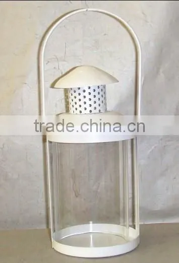 White metal lantern with clear glass cylinder
