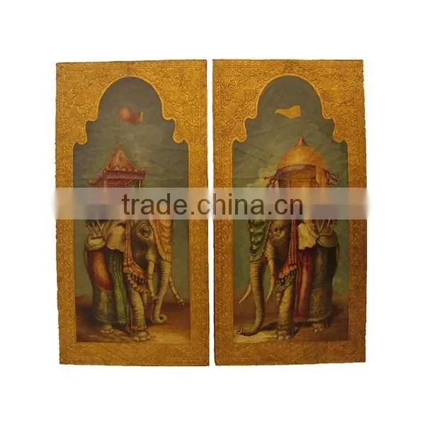 Noble Hand Painted Elephant Pattern Wall Painting, A Pair of Decor Wood Hanging Wall Picture, Classical Drawing Hanging Wall Art
