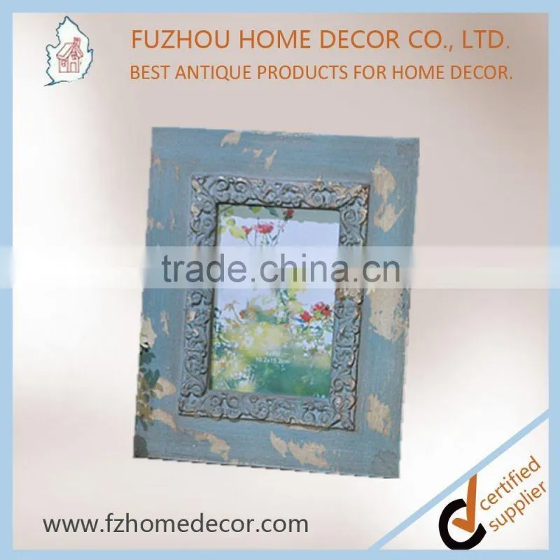 Promotional shabby chic wood printing photo frame with blue colour for home decoration
