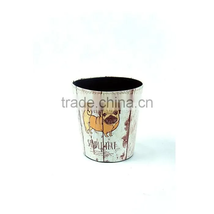 Cute Dog Print Waste Bin Faux Leather Trash Can For Home/Office/Hotel