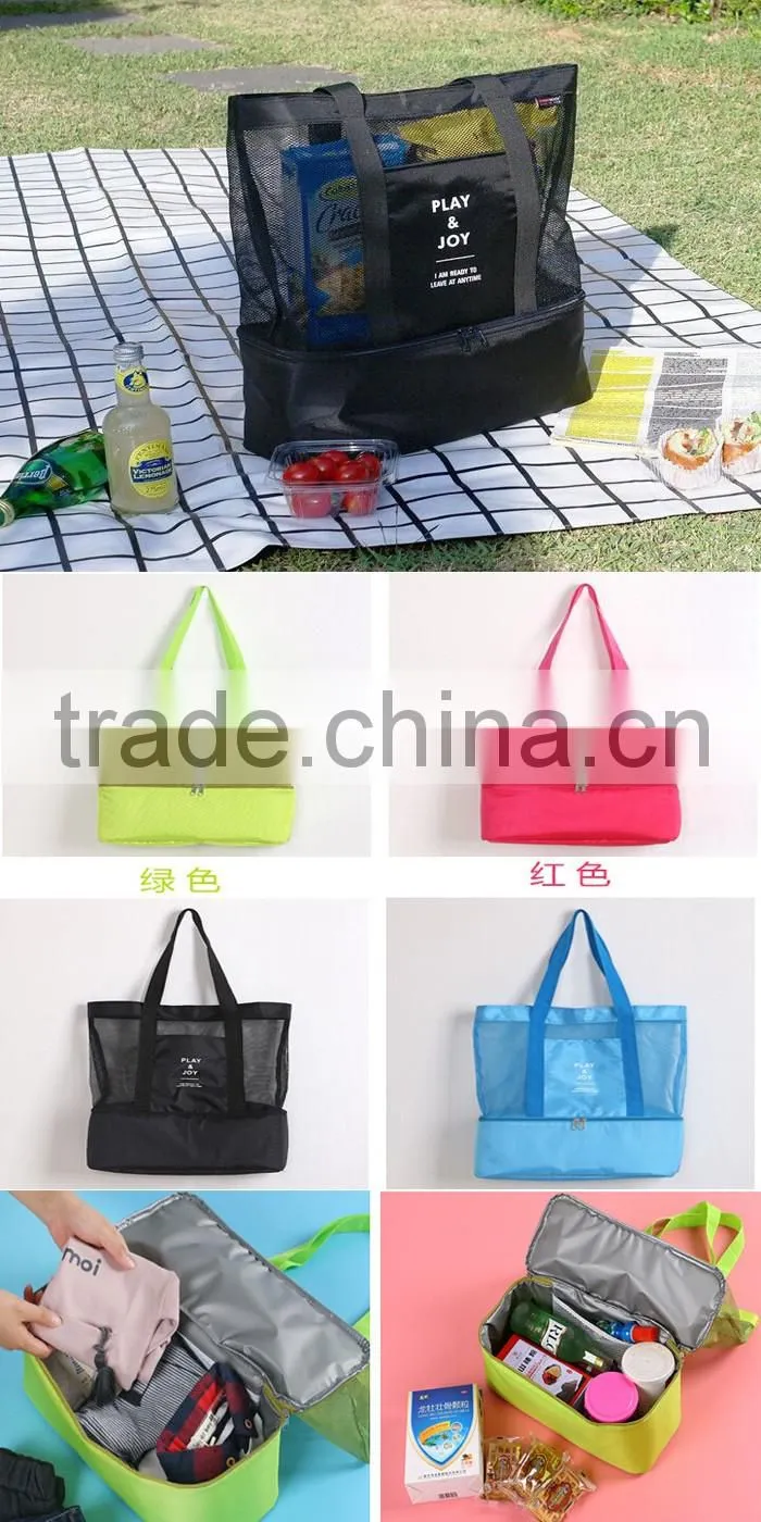Custom Mesh beach tote bag / ice cooler bag with insulated compartment