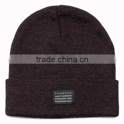 Fashion custom woven label grey mixed yarn beanie