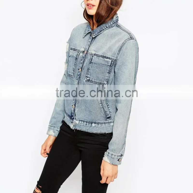 ripped light blue cool women parka jacket custom designs