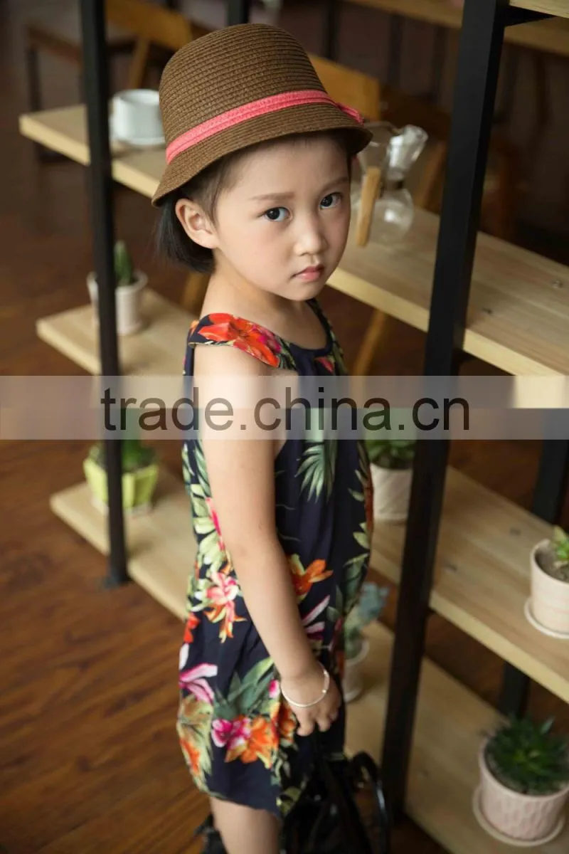 fashion 2016 girl sleeveless strap dress bright color printed flower girl dress
