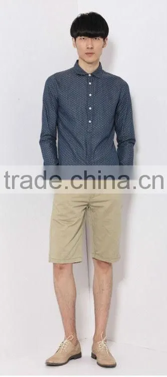 latest blue 100% cotton cowboy/jeanet long sleeve casual shirts for men with dots and spread collar