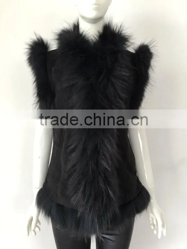 YR098 Pig Suede with Raccoon Fur Trimming Vest Fur and Leather Vest