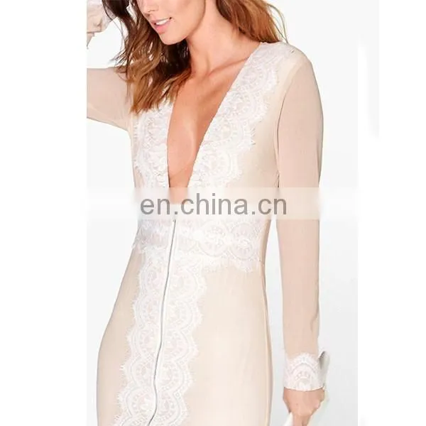2016 New Fashion Summer Clothes Lace Trim Zip Front Bodycon Dress
