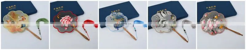 Chinese style multi-pattern silk embroidery handmade fan with wooden handle and tassel pendant