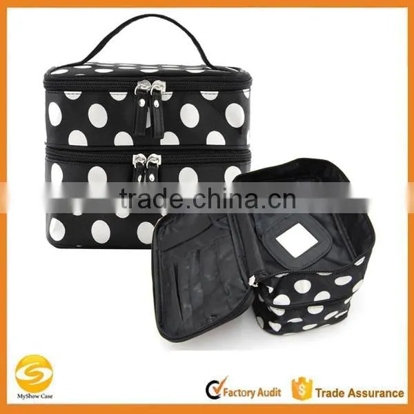 Cosmetic Bag Double Layer Dot Pattern Travel Toiletry Bag Organizer With Mirror,Polka fabric makeup train artist case