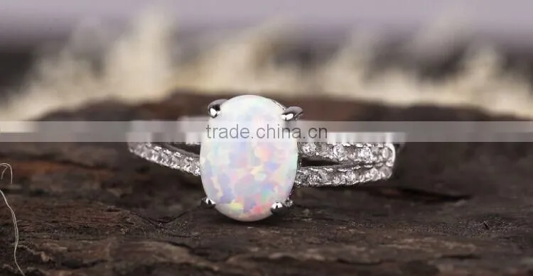 JL Jewelry Oval White Fire Opal Stone Ring Lab Created Synthetic Opal Ring