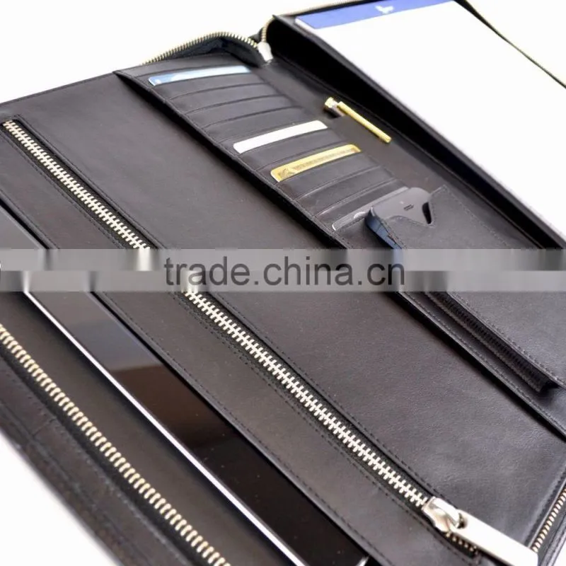 leather zippered writing portfolio, leather tablet portfolio with smartphone pocket