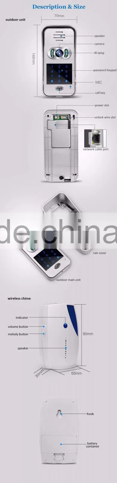 Hot sale RJ45 touch key rainproof APP wireless wifi video door phone with function of motion