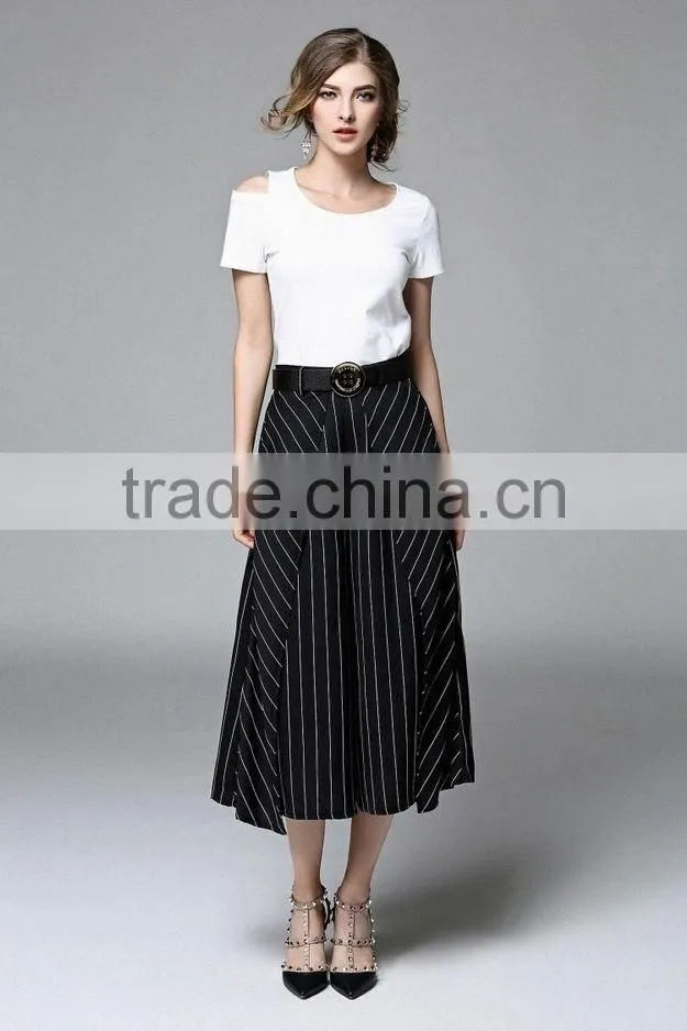 Two Pieces Set Women New Fashion Summer 2016 Ladies Off Shoulder T-Shirt Tops and Striped Print Wide Leg Pants
