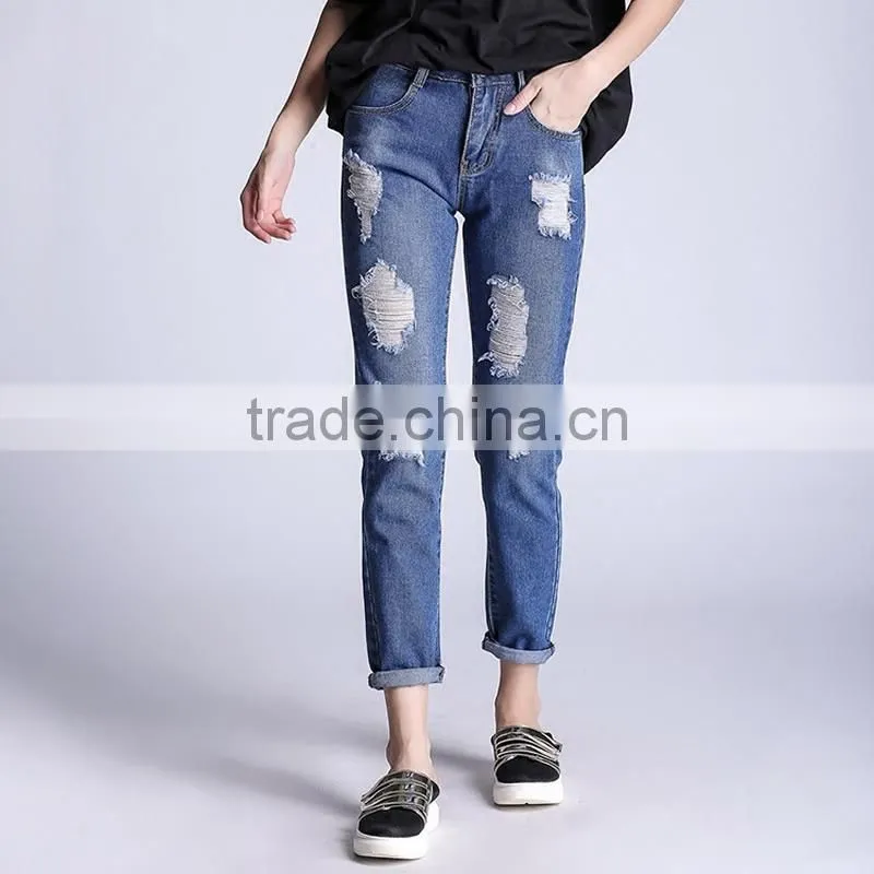 2017 Newest ladies plus size frayed Solid jeans pants
