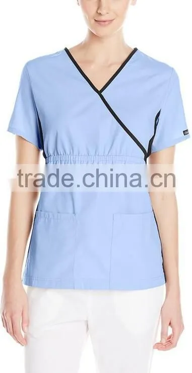 Top Selling Mock Wrap Women Medical Scrubs Wholesale Knit Panel Top