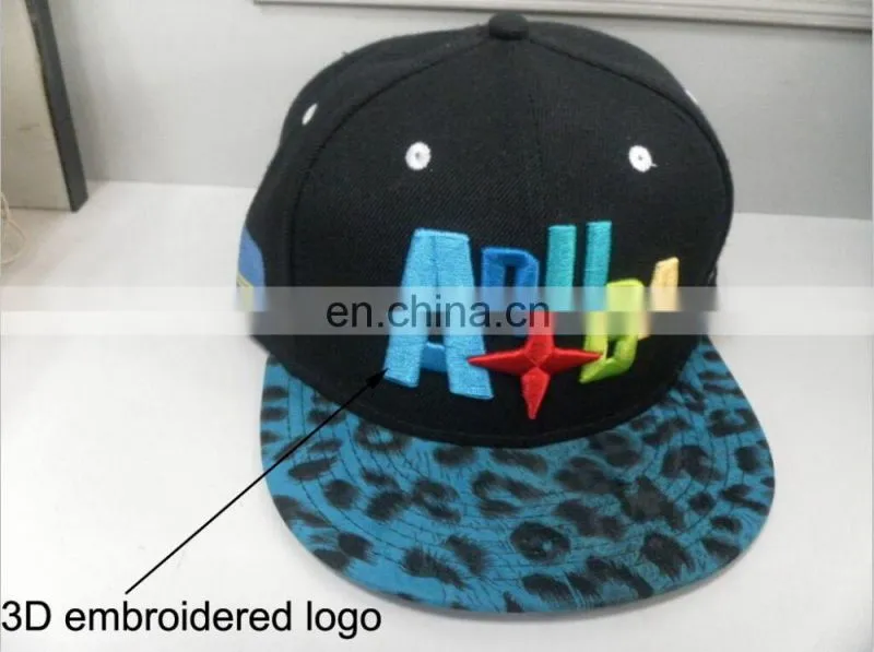 2016 custom 5 panel flat leopard 3D embroidered logo hats with factory direct supply
