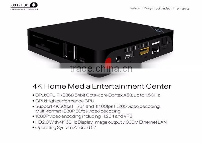 Rockchip RK3368 Octa Core 64Bit 2GB RAM 16GB ROM Smart Android 5.1 TV Box OEM i68