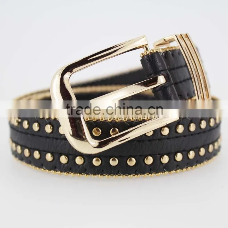 Women's Fashion Gold metal studded PU black leather jeans belt with double bean chian