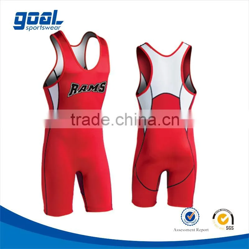 2015 High quality beautiful athletic sublimated customized men's red wrestling suits