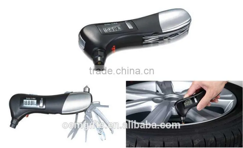 Multifunction LED Flashlihght Digital LCD Tire Gauge Car Tire Pressure Gauge With Emergency Tool