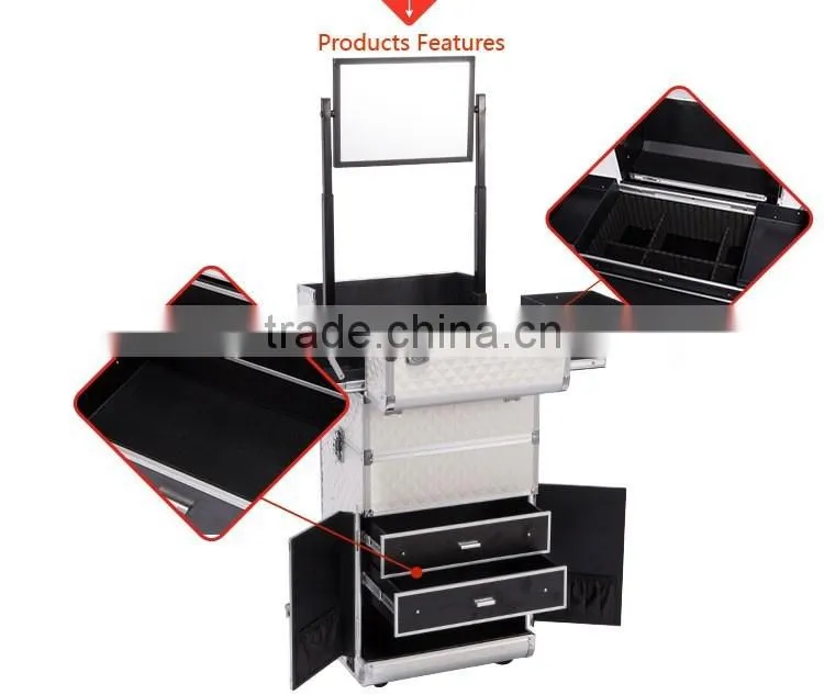 2016 Stylish trolley makeup case with light mirror