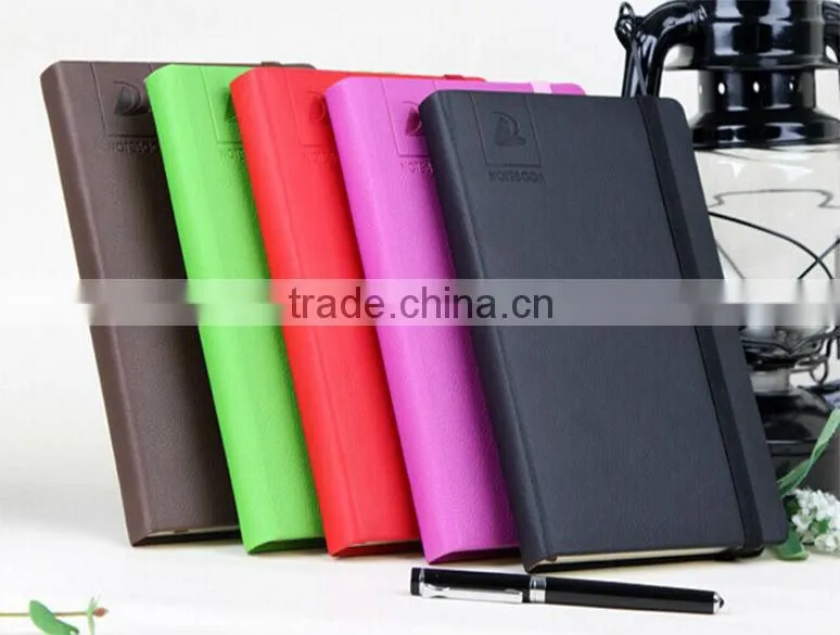 Colorful leather cover line printing logo embossed office/school writing notepad/diary with elastic ribbon closure