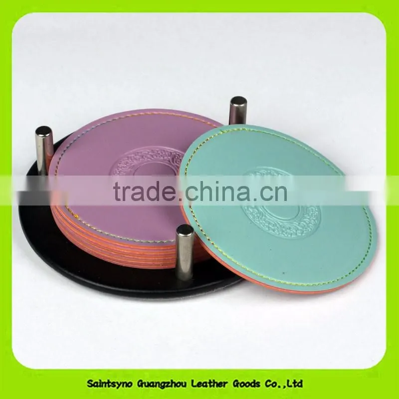 Double-sided high quality genuine leather coaster with holder coaster set 16030