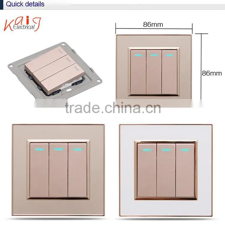 Wall mount 3 gang light switch with led indicator