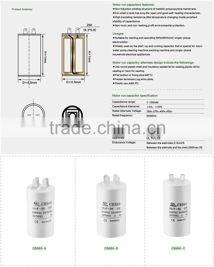cbb60 ac motor run sh capacitor 250vac 150uf