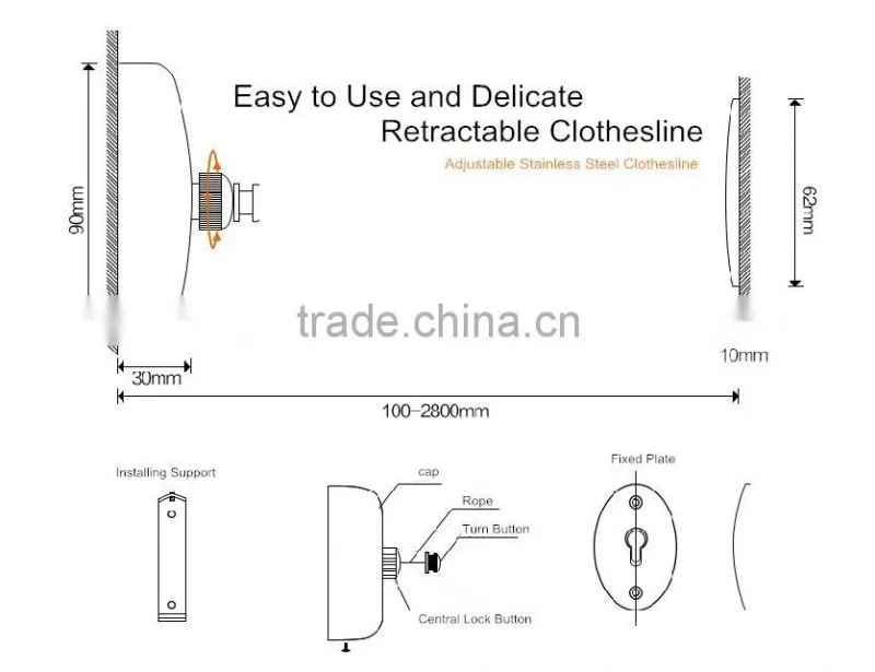 Tuopu high quality square and portable wall mounted hanging clothes line