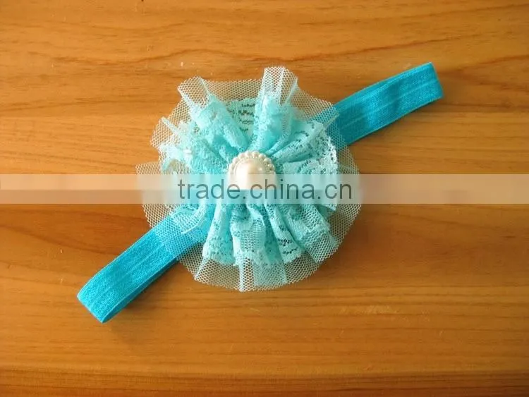 lace flower headband with pearl rhinestone in center for kids hair accessories