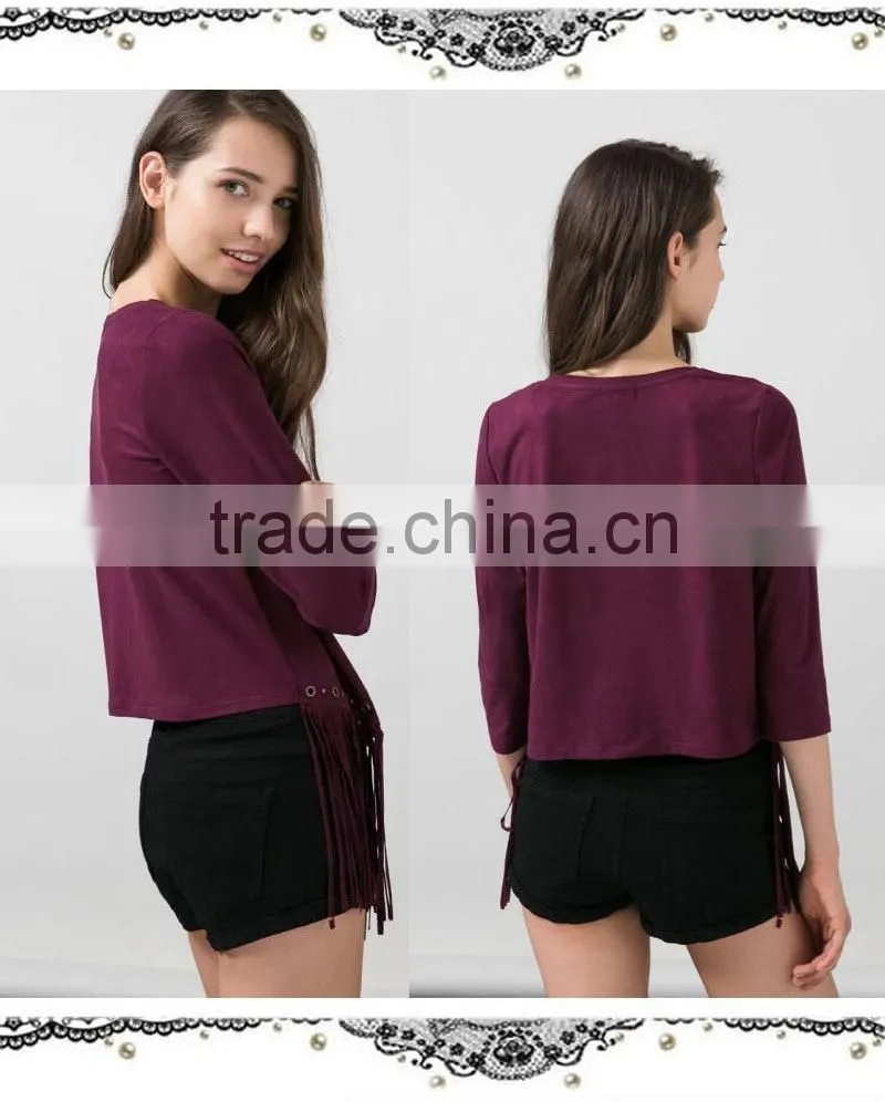 Trendy Faux Suede Retro Fringed Tassels Blouse Perforate Hem Shirt T-Shirt